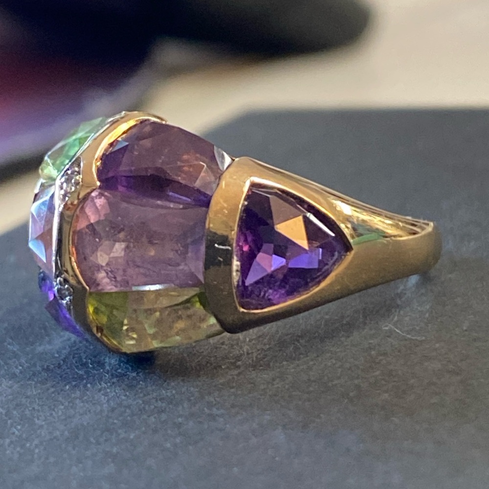 14K Gold Amethyst Peridot & Diamond Accents Ring - Picture 4 of 11